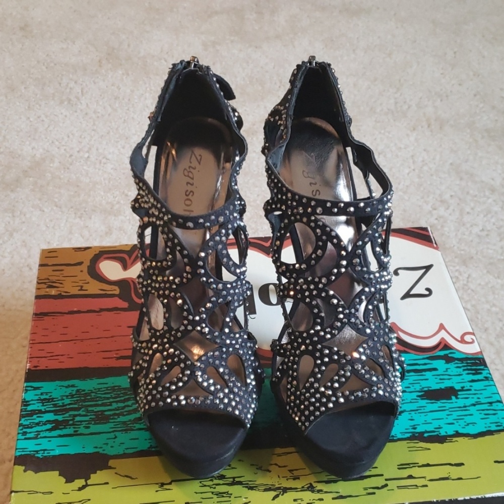 Open Toe Black High Heels w/ Rhinestones - Picture 2 of 5